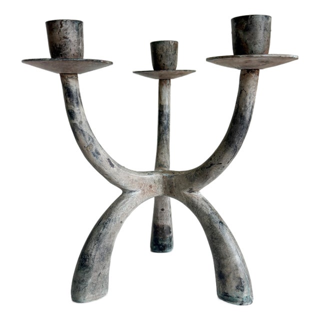 Brutalist Verdigris 3-Arm Candelabra For Sale