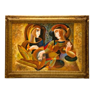 Early 21th Century Painting Original C. Loft Cubism Abstract Modern Oil on Canvas Large Art Decor, Framed For Sale