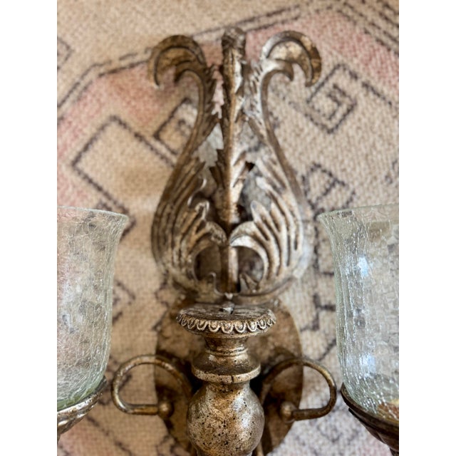 Hollywood Regency Vintage Silver Double Hurricane Wall Candle Sconce For Sale - Image 3 of 8
