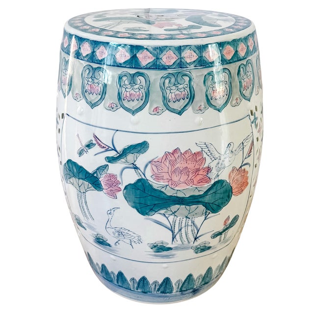Mid 20th Century Vintage 1960 Century Chinese Ceramic Pink Lotus Garden Stool For Sale - Image 5 of 7