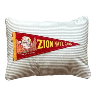 Utah Zion National Park Vintage Red Pennant on New Woven Striped Throw Pillow For Sale