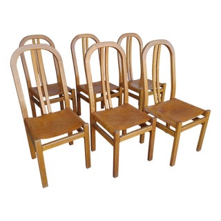 Leather & Oak Chairs, 1980s, Set of 6 For Sale