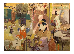 1980s "Eastern Episode III" Asian Figurative Paper Collage by Mary Helen Horty