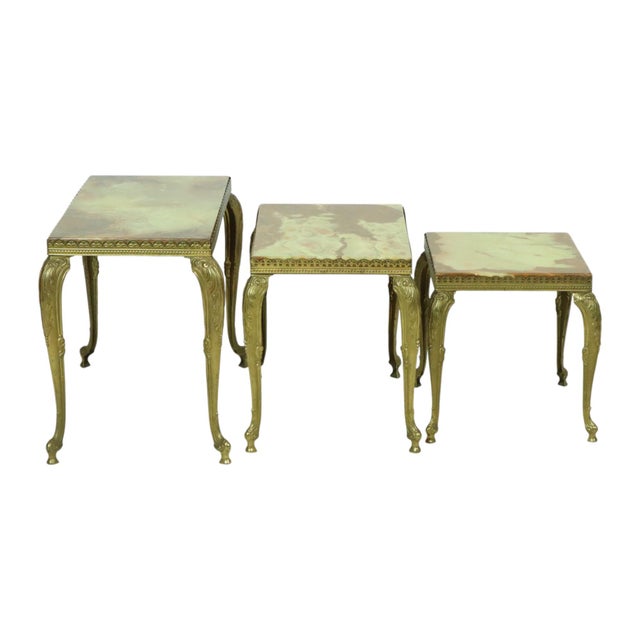 Metal Hollywood Regency Nesting Tables in Onyx and Marble, 1950s, Set of 3 For Sale - Image 7 of 17