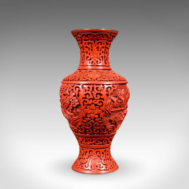 Pair of Vintage Cinnabar Baluster Vases, Oriental, Lacquer, Cloisonne, Posy Urn For Sale - Image 6 of 12