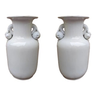 Antique Blanc De Chine Porcelain Vases With Pomegranate Fruit Handles- A Pair For Sale
