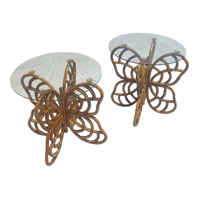 Vintage Rattan Butterfly Side Tables, a Pair of Boho-Chic Gems For Sale