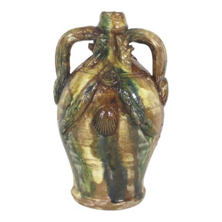 Antique Mediterranean Sea Life Clay Pottery Vase With Handles Shells Folk Art For Sale
