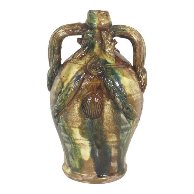 Antique Mediterranean Sea Life Clay Pottery Vase With Handles Shells Folk Art For Sale