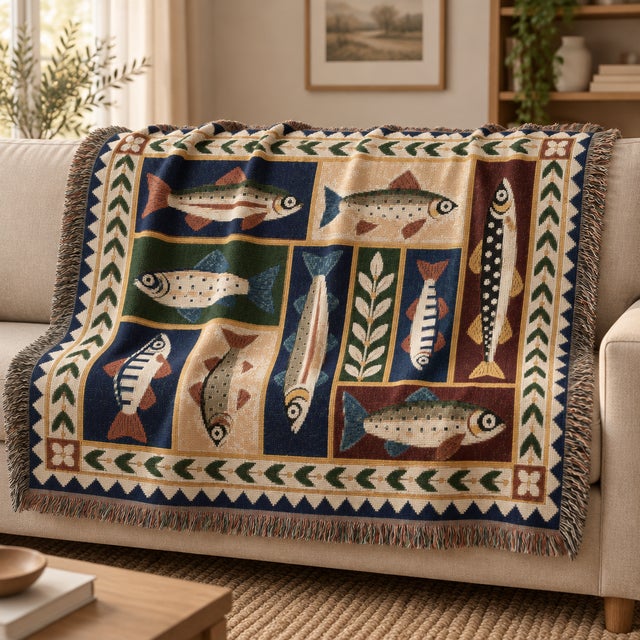 Rustic Folk Art Fish Woven Throw Blanket – Coastal Patchwork, 60 × 50 For Sale - Image 3 of 5