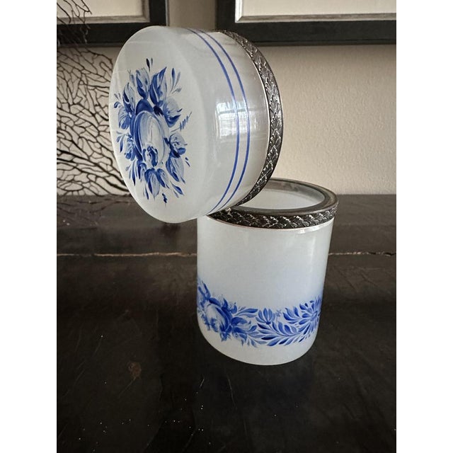 Gray Light Grey Opaline Glass Box with Blue Floral Enamel Decoration, 1890s For Sale - Image 8 of 18