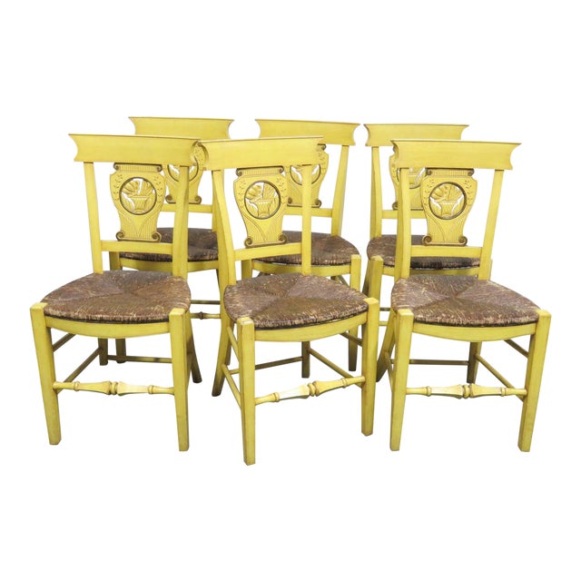 French Country Carved & Painted Rush Seat Chairs Set of 6 Chairish