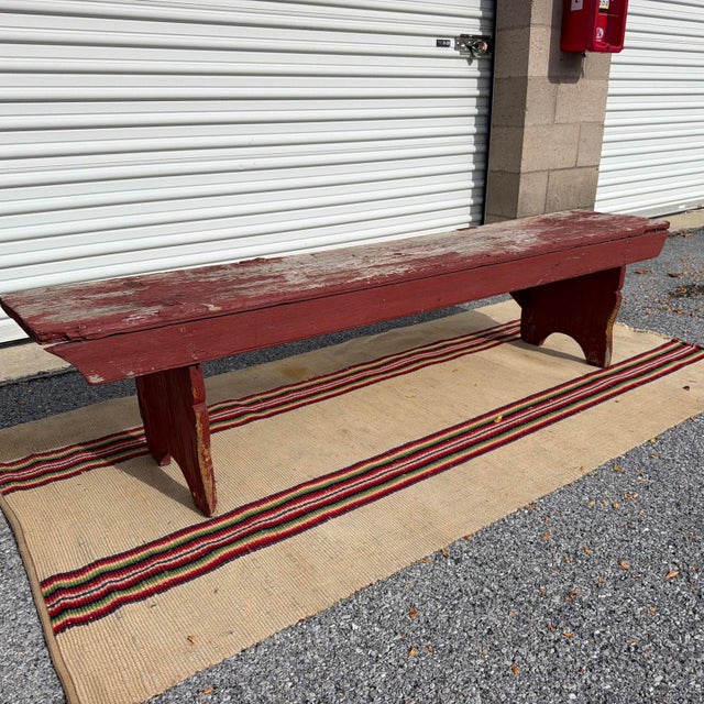Antique Pennsylvania Mortised Bench in Old Red Paint, Lancaster County, Circa 1860s For Sale - Image 16 of 18