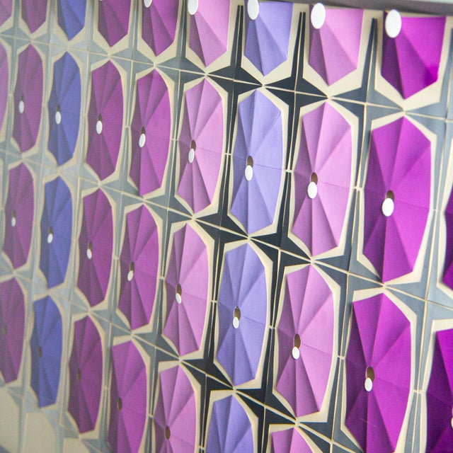 1984 Signed Abstract Geometric Large Scale 2d Origami Folded Paper Art Piece Purple Gray & White For Sale - Image 10 of 15