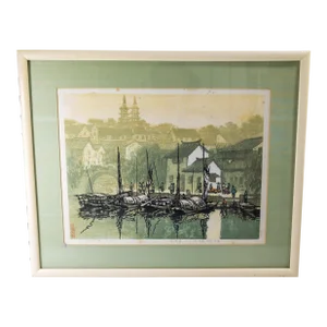 Mid-Century Chinese Woodblock Print of a Harbor by Zhou Zinghua