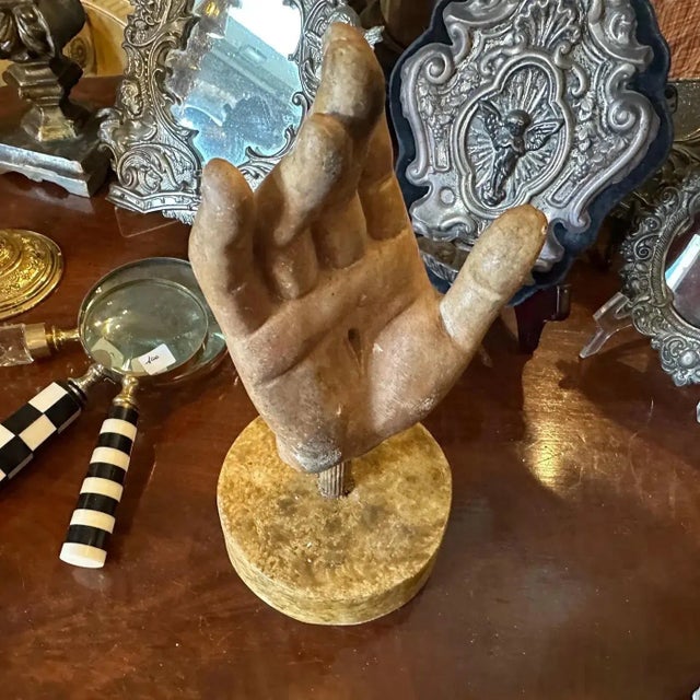 1930s 1930s Hand-Painted School Study Plaster Hand on a Faux Marble Painted Wood Base For Sale - Image 5 of 11