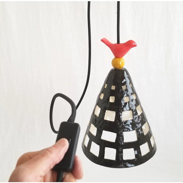 Contemporary Handmade Ceramic Black Cage, Pendant Light in Red and Yellow Bead Detailing For Sale - Image 4 of 7