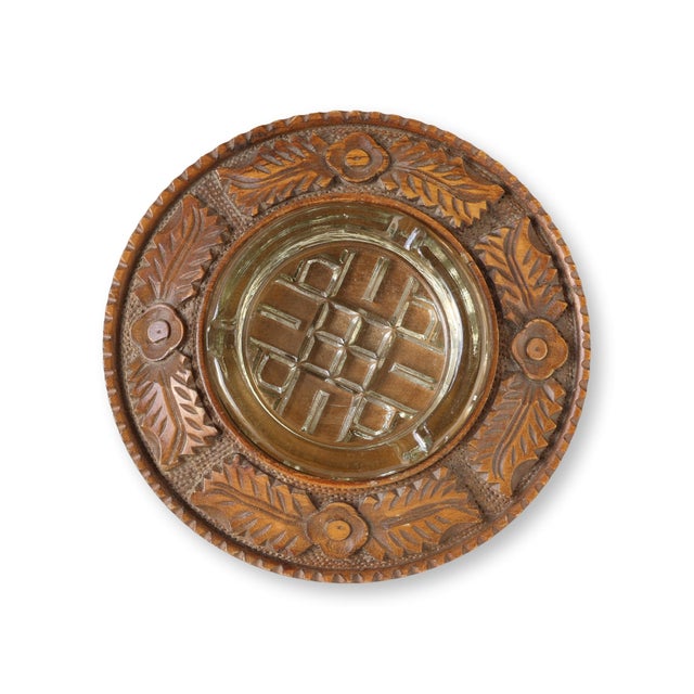 Antique English hand-carved ashtray merging Arts &amp; Crafts ideals, with Folk Art tradition. The deeply hand-carved...