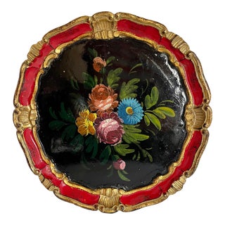 Vintage Italian Florentine Floral Round Tray For Sale