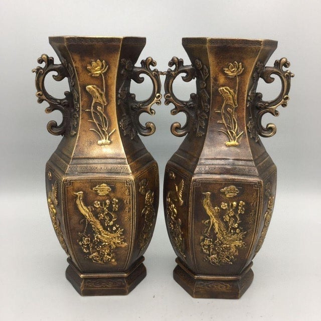 Pair of Chinese Gilt Bronze Hexagonal Vases With Phoenix & Peony Motif For Sale In Los Angeles - Image 6 of 8