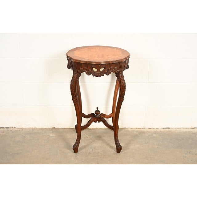 French Provincial Romweber Style French Provincial Louis XV Carved Walnut and Satinwood Inlaid Marquetry Side Table, Circa 1930s For Sale - Image 3 of 14