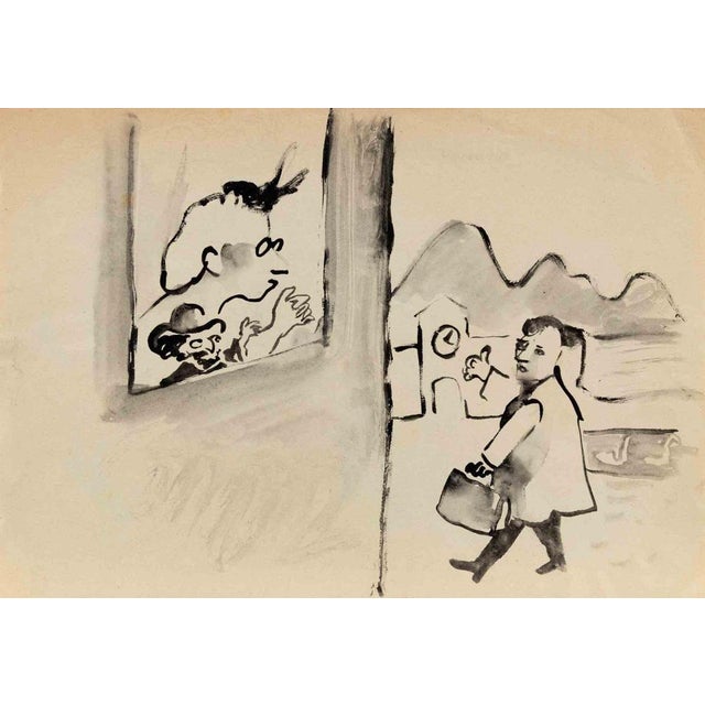 A fine, splendid watercolor on both sides of the sheet realized by Maccari in 1930s. It depicts travellers in different...