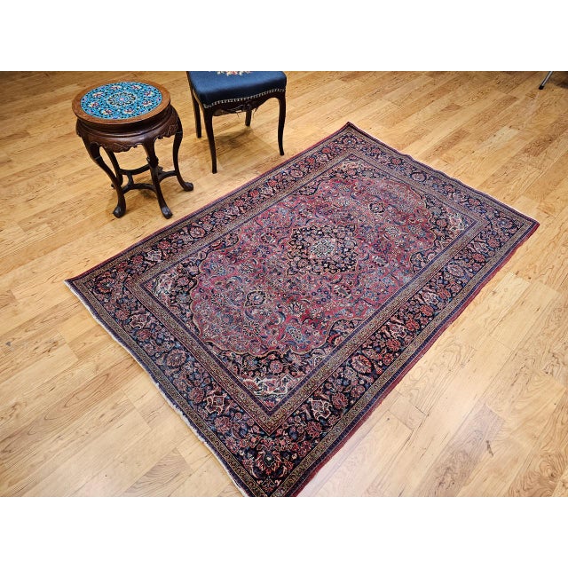 Textile Vintage Persian Kashan Rug, Hand-Knotted Wool & Cotton, Floral Pattern, Red & Navy, 4x6 For Sale - Image 7 of 18