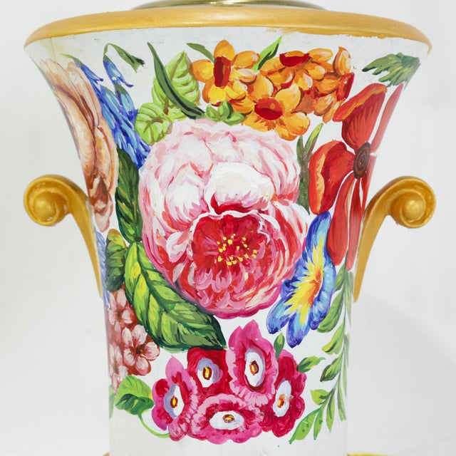 Vintage Floral Hand-Painted Brunschwig & Fils Wooden Table Lamps With Green Faux Marble Bases For Sale - Image 11 of 17