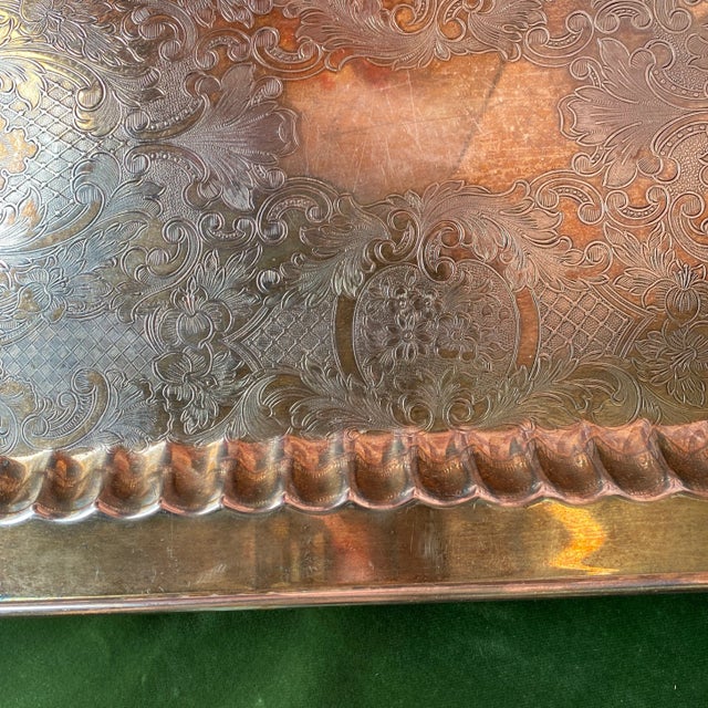 1970s Large Footed Silver Serving Tray With Etchings For Sale - Image 4 of 11