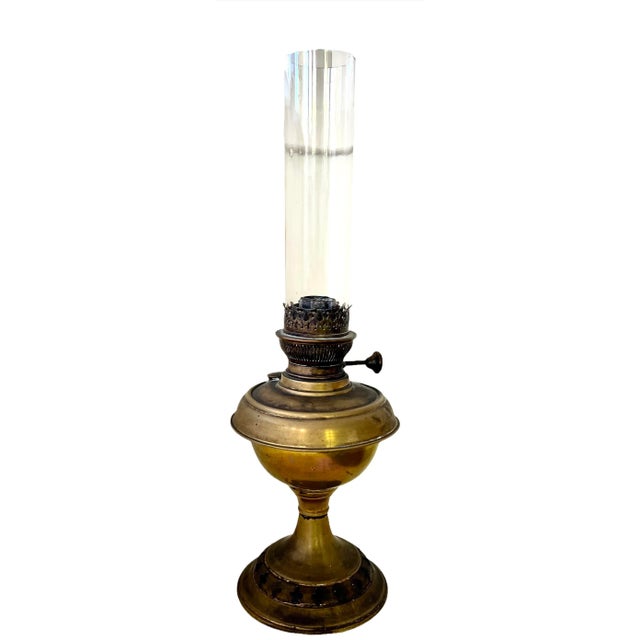 Early 20th Century Brass Metal Oil Lamp Glass Chimney Antique Wick For Sale - Image 13 of 13