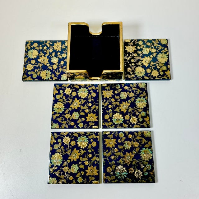1980s Vintage Chinoiserie Boho Chic Hollywood Regency Coasters With Caddy - 7 Piece Set. For Sale - Image 6 of 10