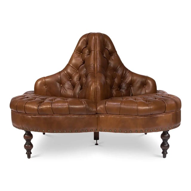 A Classic style four-sided sofa ideal for a large lobby or foyer. With vintage style brown tufted leather upholstered...
