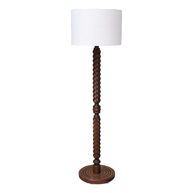 Sculptural Floor Lamp in Oak and Loro Piana Linen from Charles Dudouyt, France, 1940s For Sale