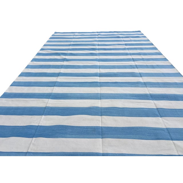 Sky Blue Handmade Cotton Area Rug, Natural Vegetable Dyed, Sky Blue and White Striped Dhurrie - 10'x14' For Sale - Image 8 of 12