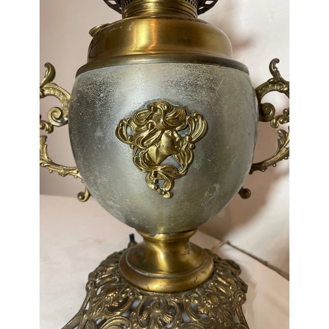 Antique Ornate 1800's Converted Art Nouveau Brass Glass Oil Table Parlor Lamp For Sale - Image 4 of 11