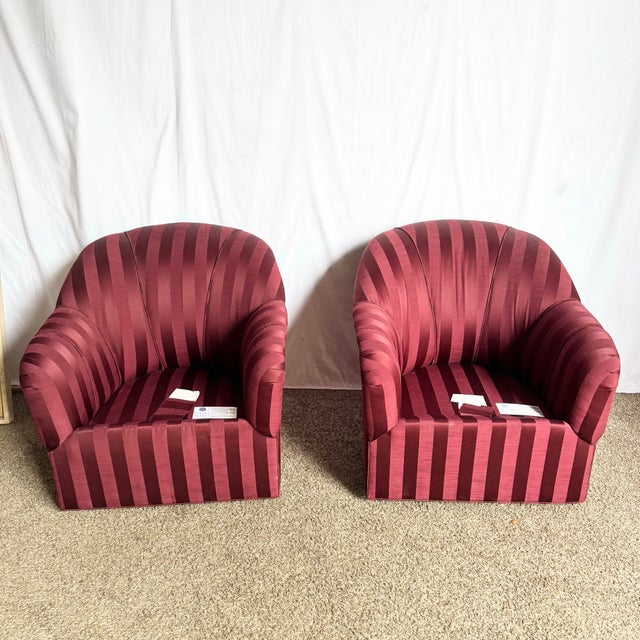 Vintage Regency Red Striped Swivel Lounge Chairs by Ethan Allen - A Pair For Sale - Image 9 of 12