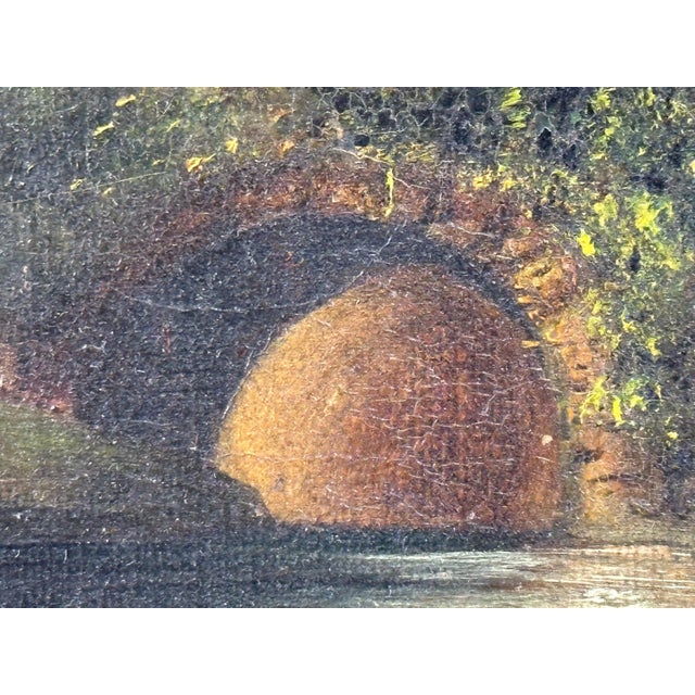 Textile Antique Folk Art Oil Painting Scenic Church Bridge Setting, artist signed & dated For Sale - Image 7 of 10
