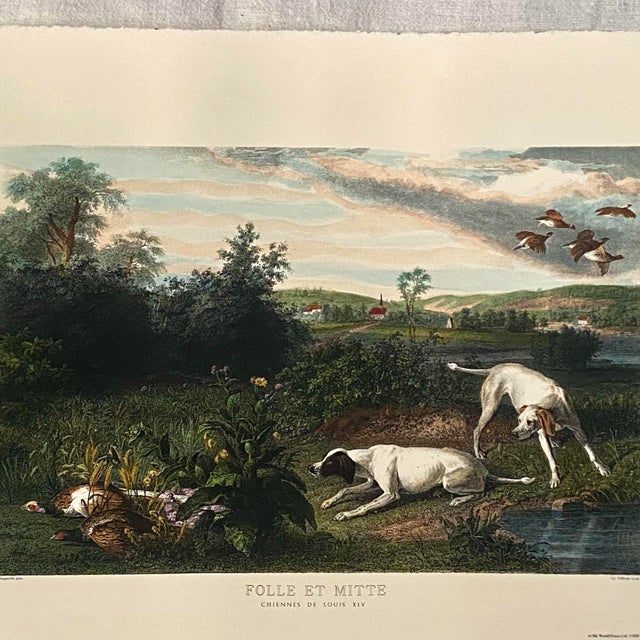 Reproduction print of an engraving titled "Folle et Mitte, chines de Louis XIV" Dogs of Louis XIV by painter Francois...