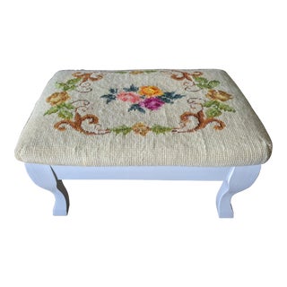 Vintage Needlepoint Floral Queen Anne Footstool For Sale