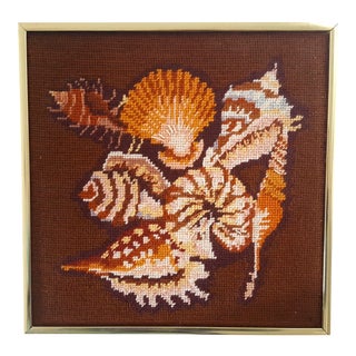 Mid Century Nautical Seashell Needlepoint Framed Art For Sale