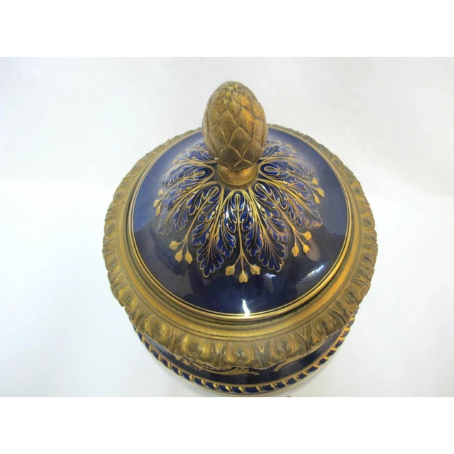 Painted Cherubs Antique Cobalt Bleu De Roi Gilt Metal French Lidded Urn For Sale In Portland, OR - Image 6 of 9