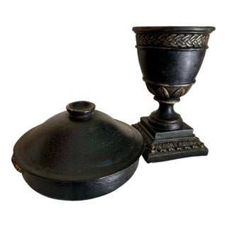 Vintage 1990s Neoclassical Black & Gold Bowl and Urn Set of 2 For Sale