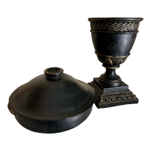 Vintage 1990s Neoclassical Black & Gold Bowl and Urn Set of 2