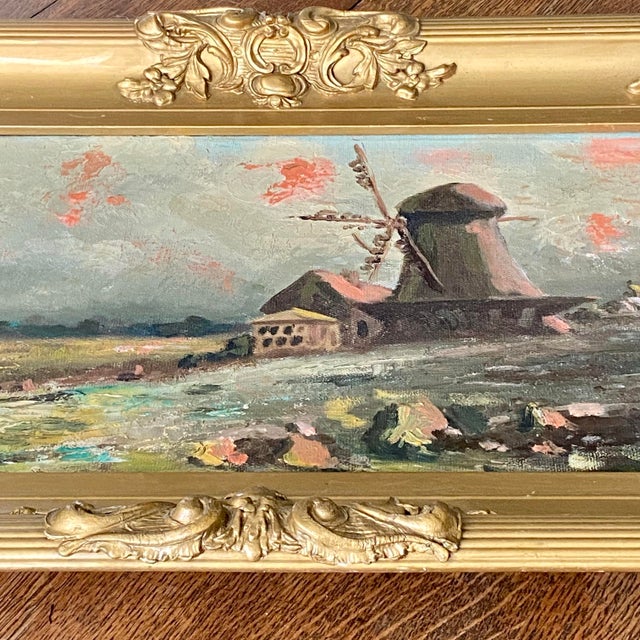 Wood Antique Gold Ornate Frame With Oil on Canvas "Windmill at Dusk" For Sale - Image 7 of 10