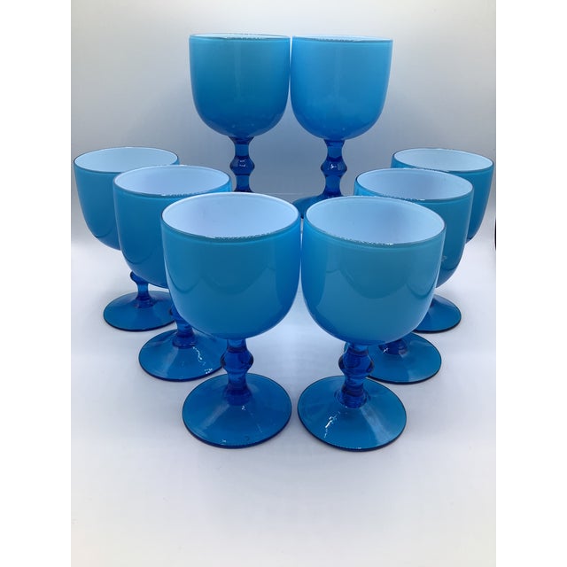 A gorgeous set of 8 vintage 60s turquoise/white cased glass Carlo Moretti hand blown wine glasses/water goblets. They...