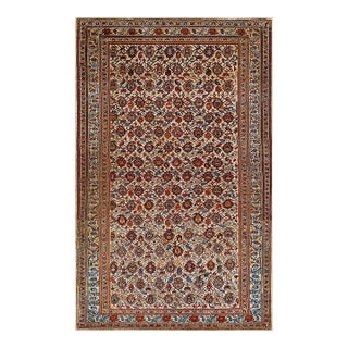 1880s Yellow Paisley Geometric Antique Persian Mishan Malayer Rug 4'2" X 6'6" Knotted Wool Carpet For Sale
