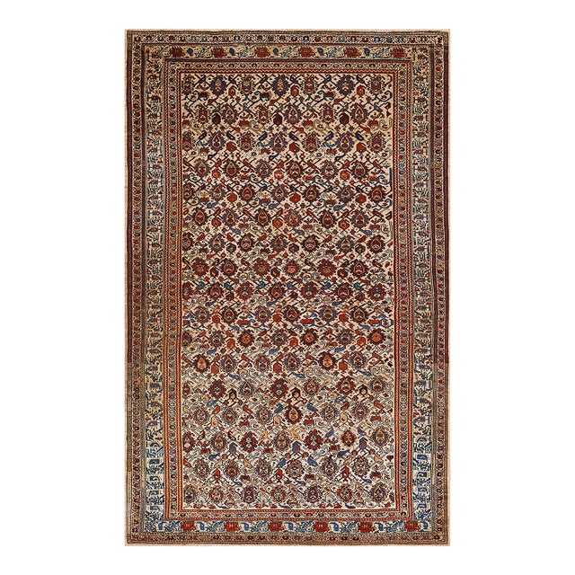 1880s Yellow Paisley Geometric Antique Persian Mishan Malayer Rug 4'2" X 6'6" Knotted Wool Carpet For Sale