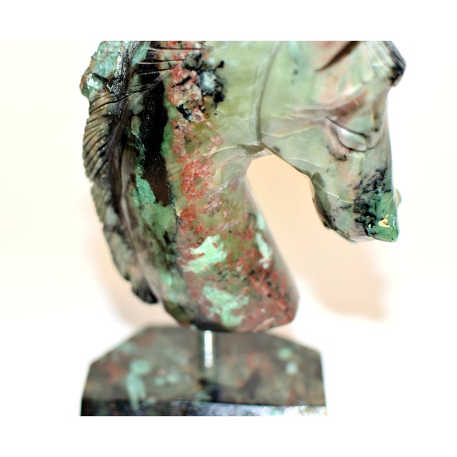 Natural Emerald Gemstone Horse Bust Sculpture Hand Carved Cherry Blossom For Sale - Image 11 of 13