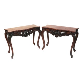 1950s Pair of Carved Mahogany Console Tables For Sale