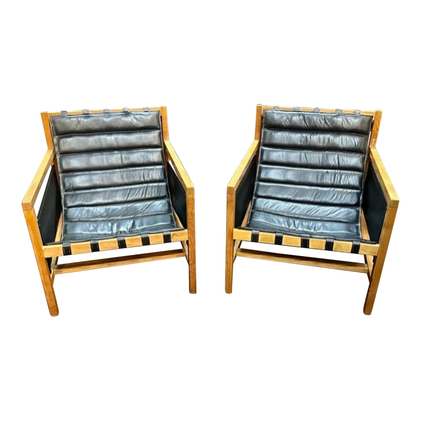 Pair of MCM Oak and Leather Arm Chairs Chairish